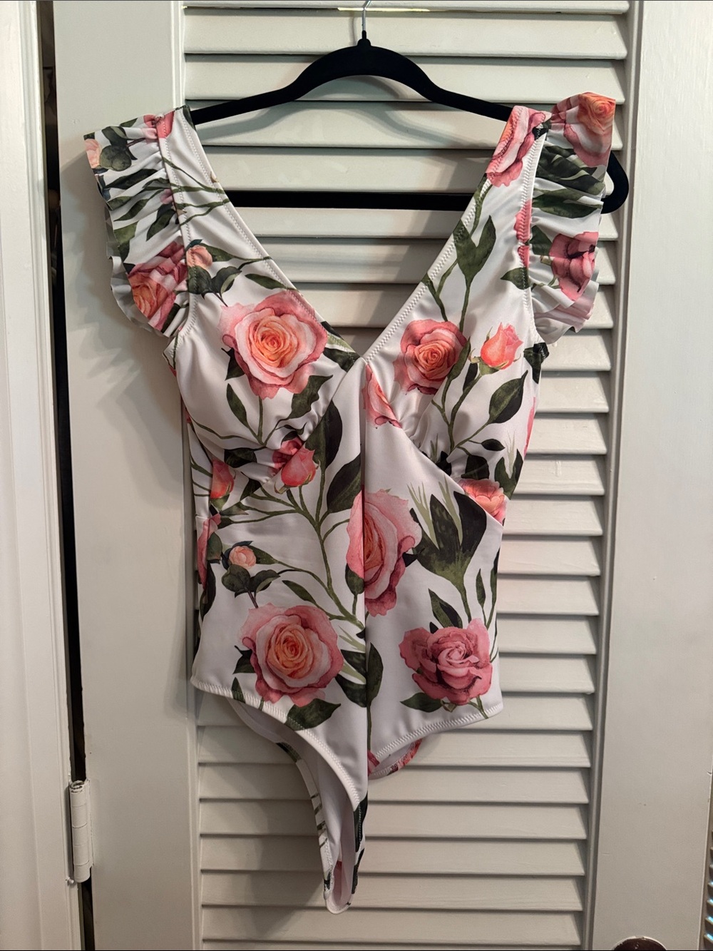 Floral Ruffle V‑Neck One‑Piece Swimsuit — White with Pink Rose Print